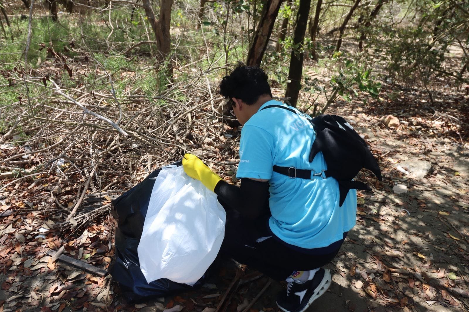 Participantes de la limpieza de playa revisando bolsas de residuos